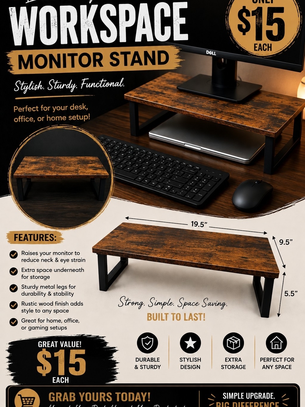 Rustic Wood Monitor Riser Stand - Brown
